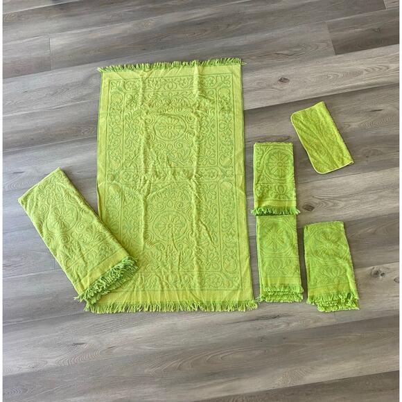 Vintage Sears Drylon Avacado Green Floral Towel Set of 6 Made in the USA - Picture 1 of 6
